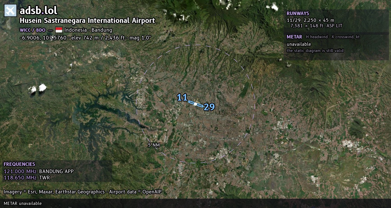 Satellite map with the runway layout of Husein Sastranegara International Airport (WICC)