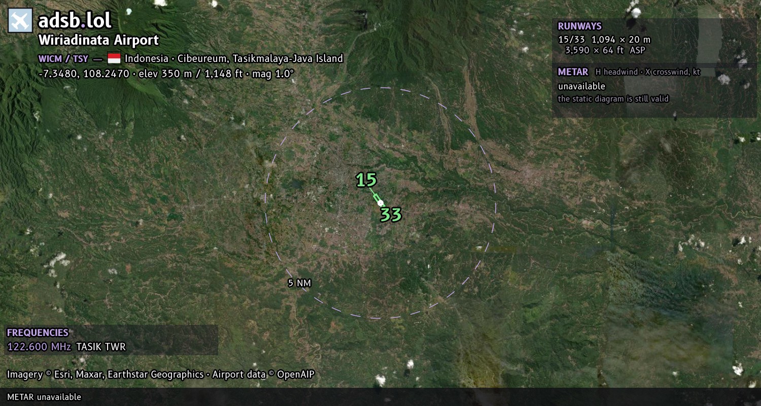 Satellite map with the runway layout of Wiriadinata Airport (WICM)