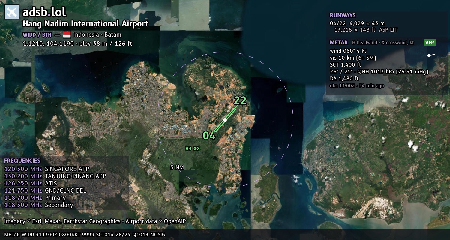 Satellite map with the runway layout of Hang Nadim International Airport (WIDD)