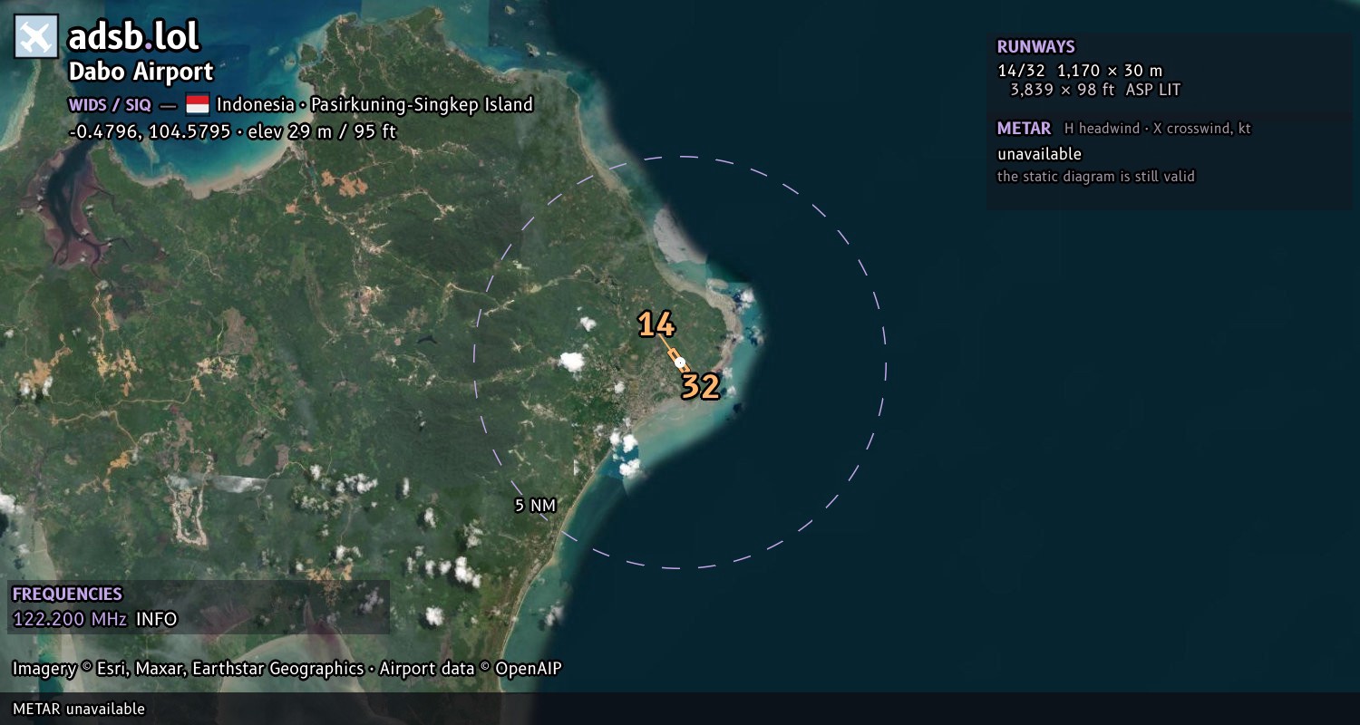 Satellite map with the runway layout of Dabo Airport (WIDS)