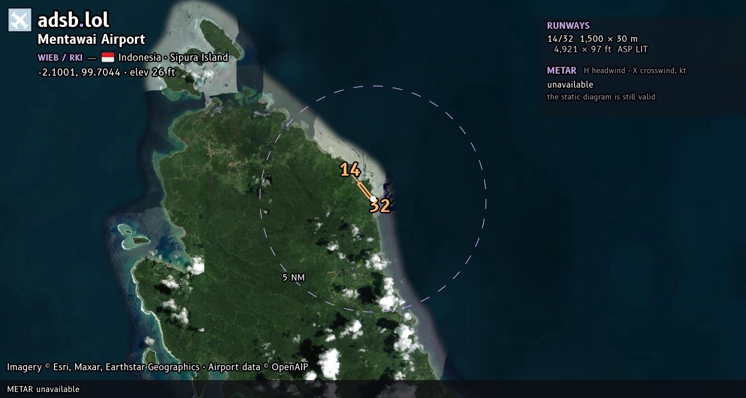Satellite map with the runway layout of Mentawai Airport (WIEB)