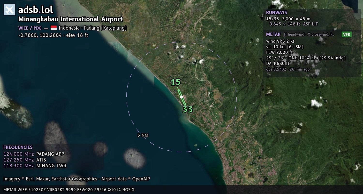Satellite map with the runway layout of Minangkabau International Airport (WIEE)