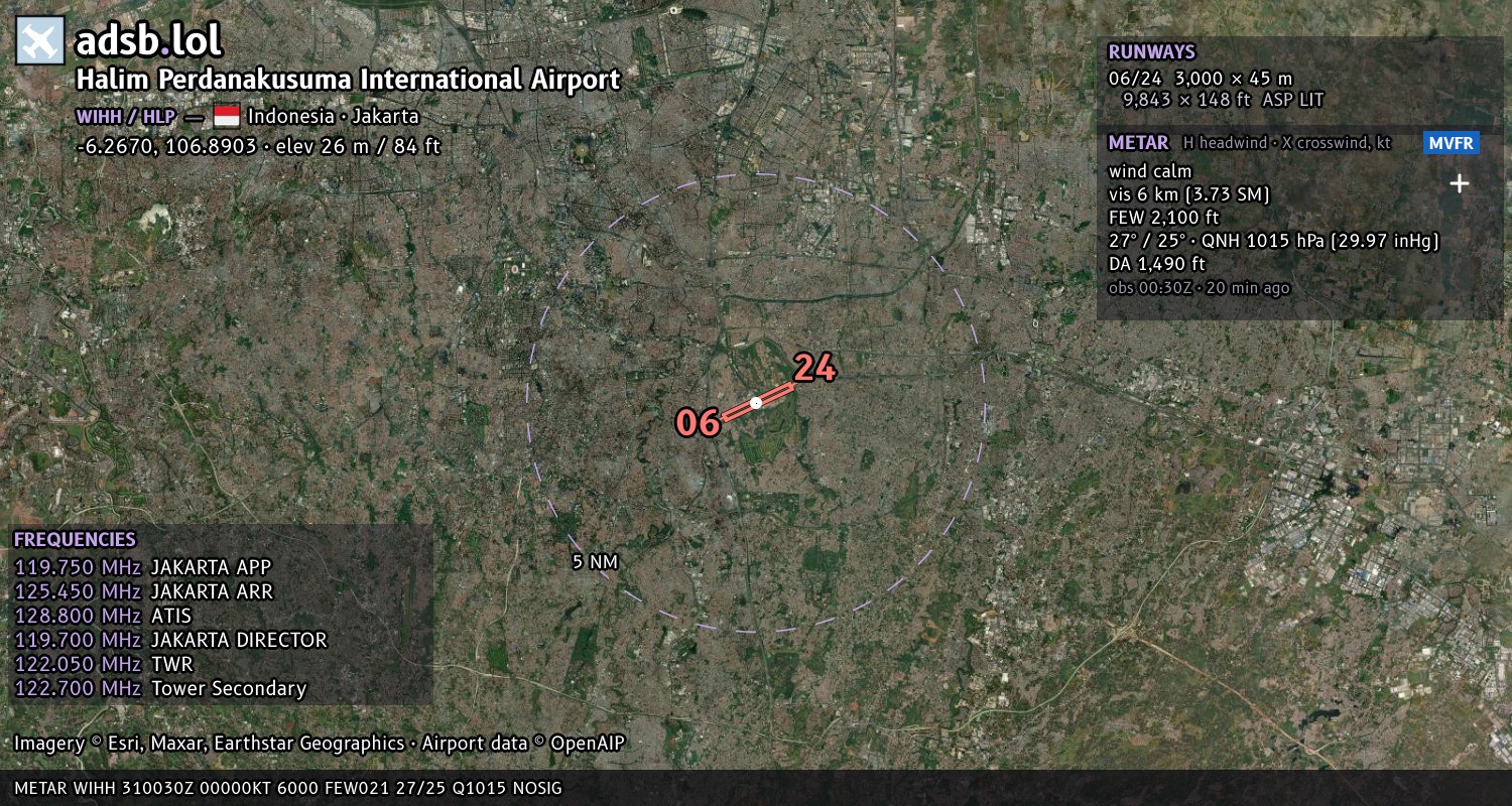 Satellite map with the runway layout of Halim Perdanakusuma International Airport (WIHH)