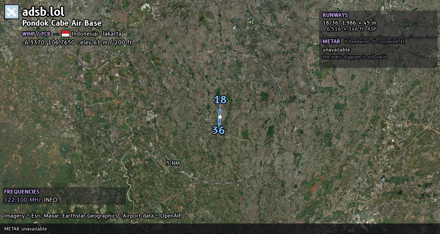 Satellite map with the runway layout of Pondok Cabe Air Base (WIHP)