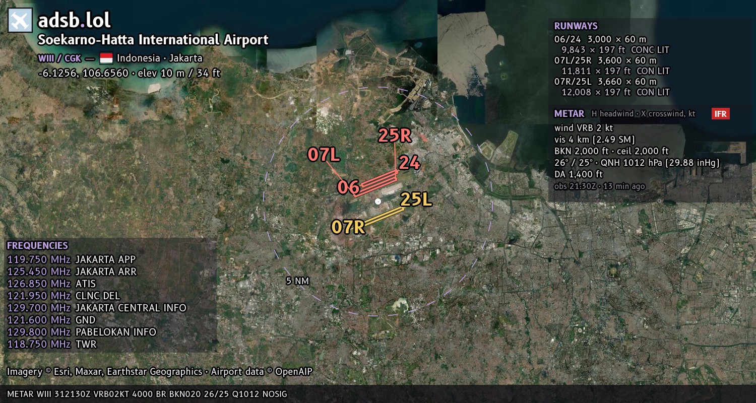 Satellite map with the runway layout of Soekarno-Hatta International Airport (WIII)