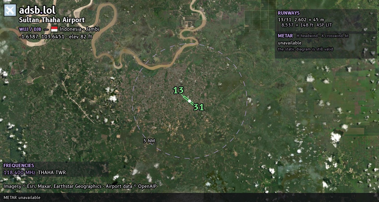 Satellite map with the runway layout of Sultan Thaha Airport (WIJJ)