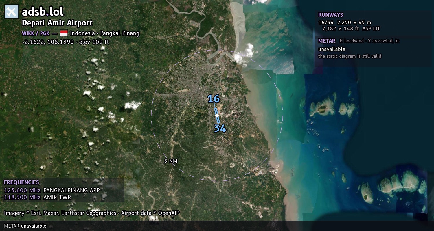 Satellite map with the runway layout of Depati Amir Airport (WIKK)