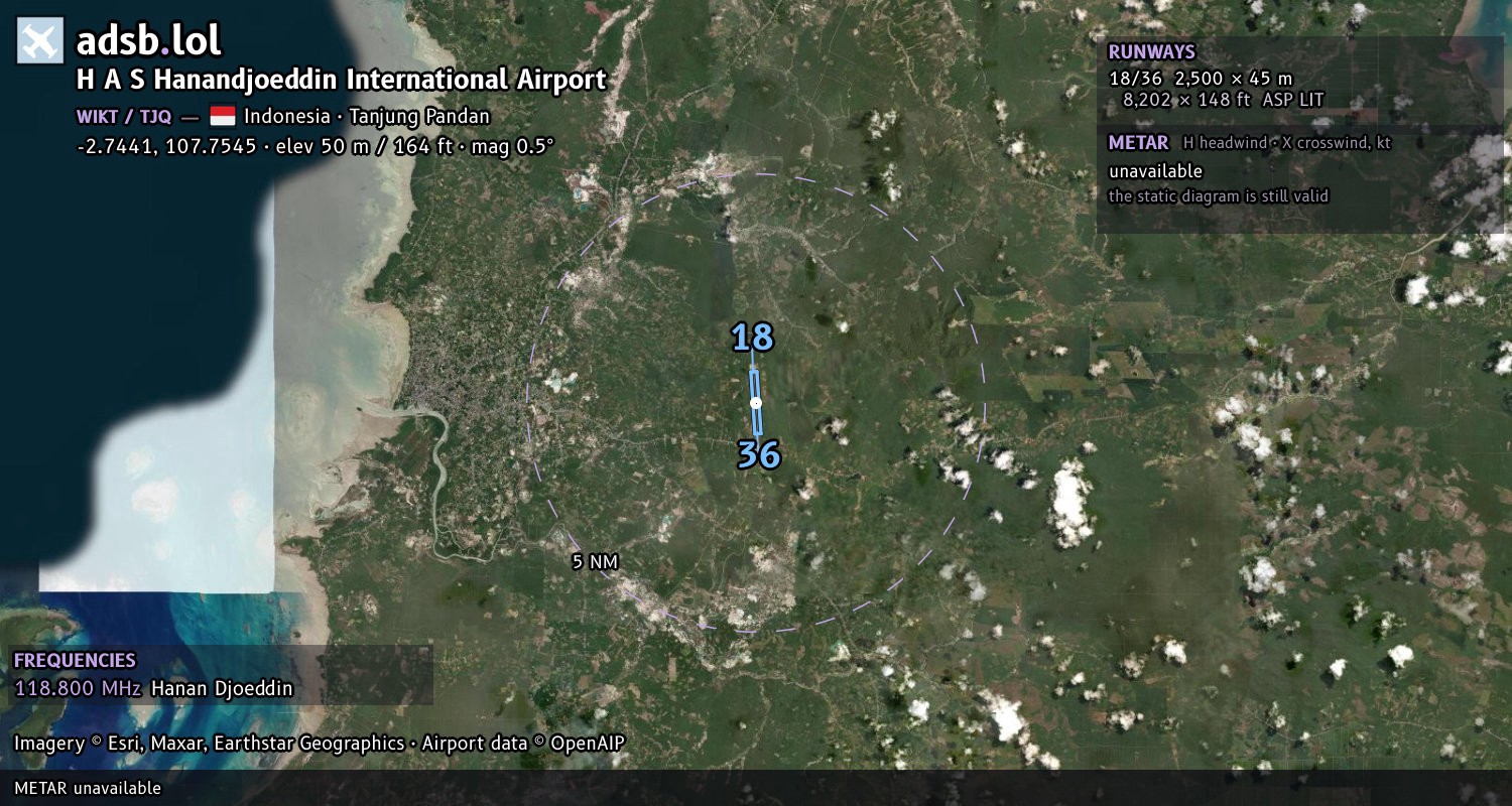 Satellite map with the runway layout of H A S Hanandjoeddin International Airport (WIKT)