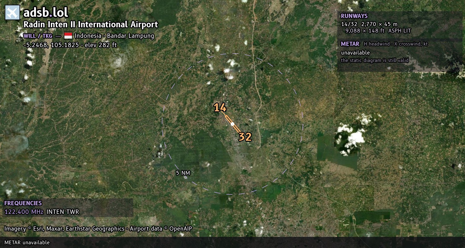 Satellite map with the runway layout of Radin Inten II International Airport (WILL)