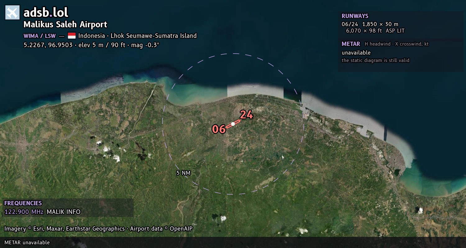 Satellite map with the runway layout of Malikus Saleh Airport (WIMA)
