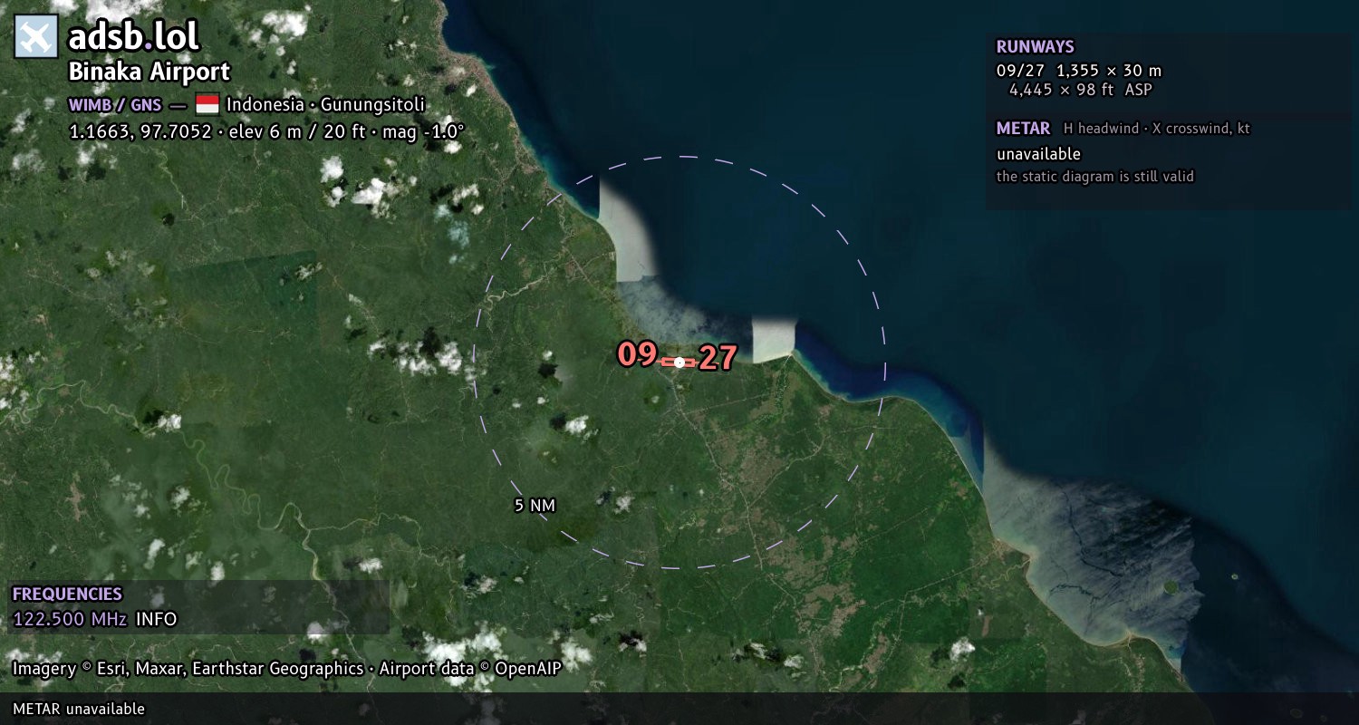 Satellite map with the runway layout of Binaka Airport (WIMB)