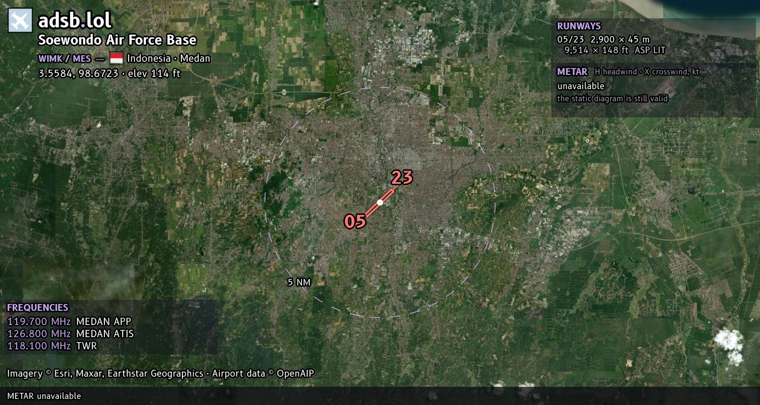 Satellite map with the runway layout of Soewondo Air Force Base (WIMK)