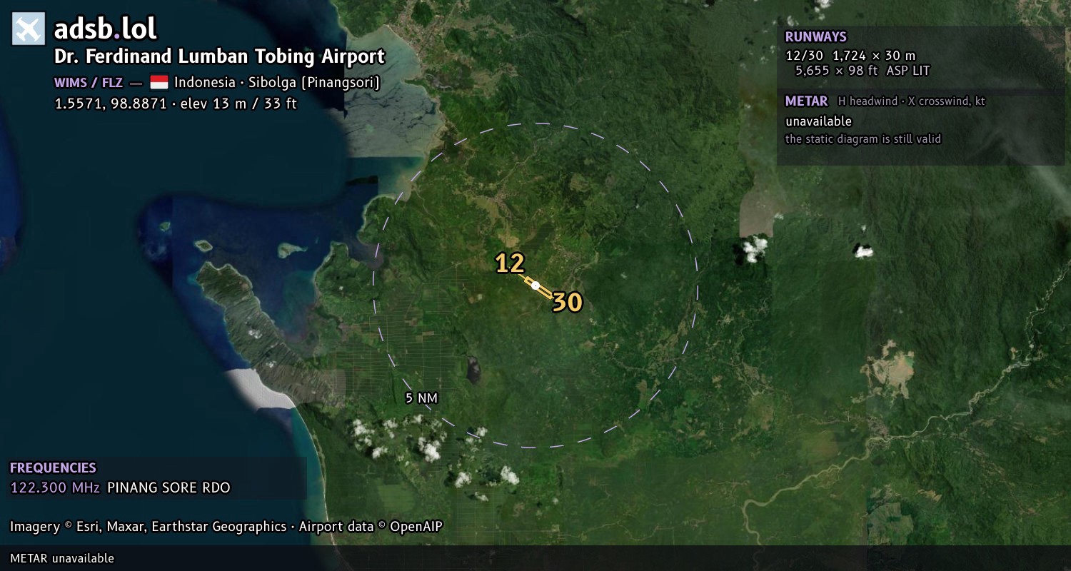 Satellite map with the runway layout of Dr. Ferdinand Lumban Tobing Airport (WIMS)