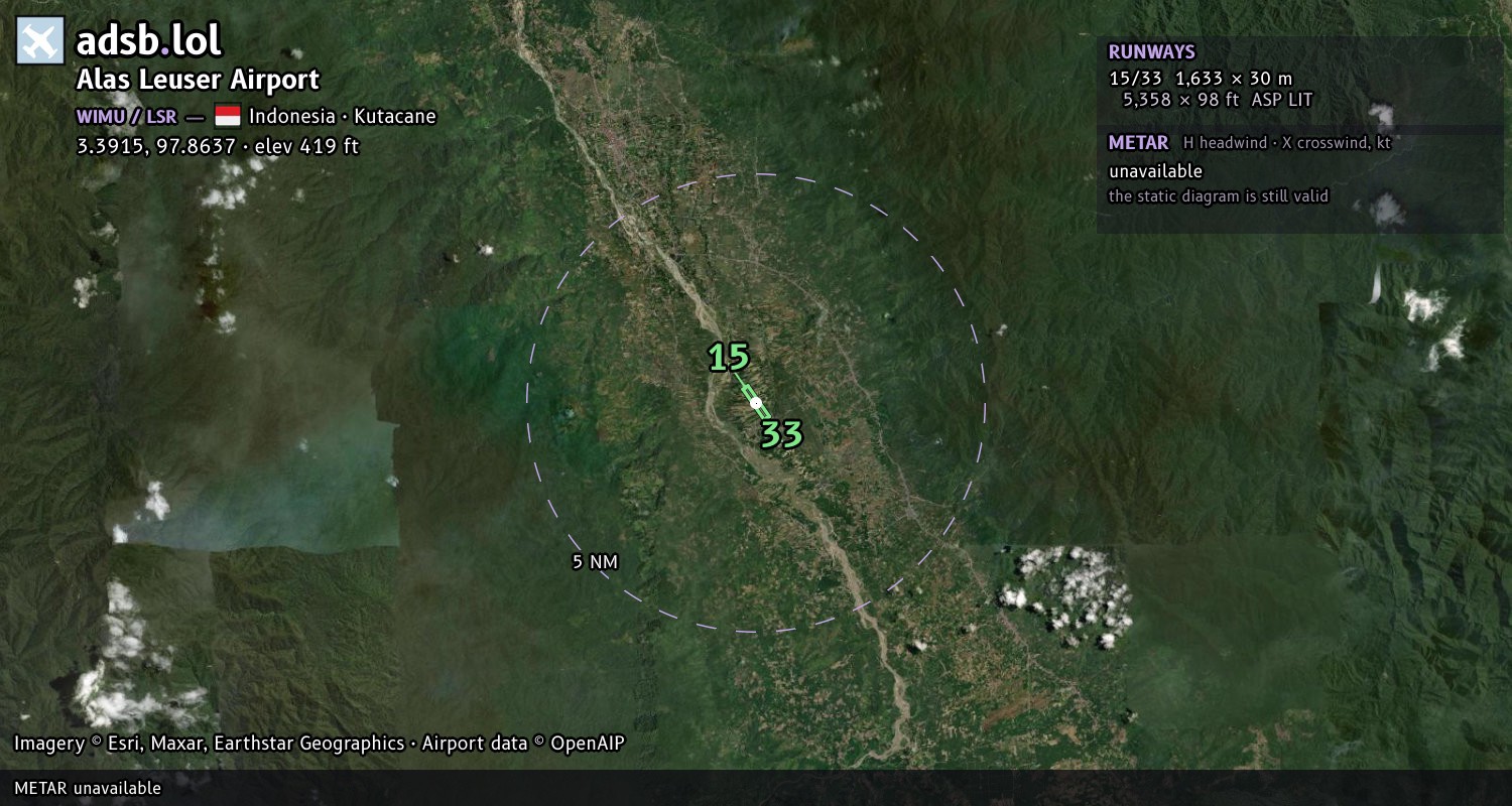 Satellite map with the runway layout of Alas Leuser Airport (WIMU)