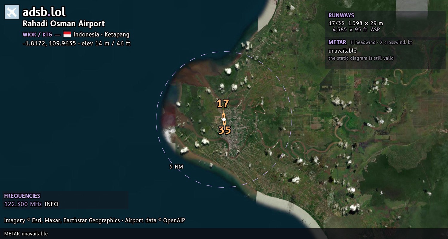 Satellite map with the runway layout of Rahadi Osman Airport (WIOK)