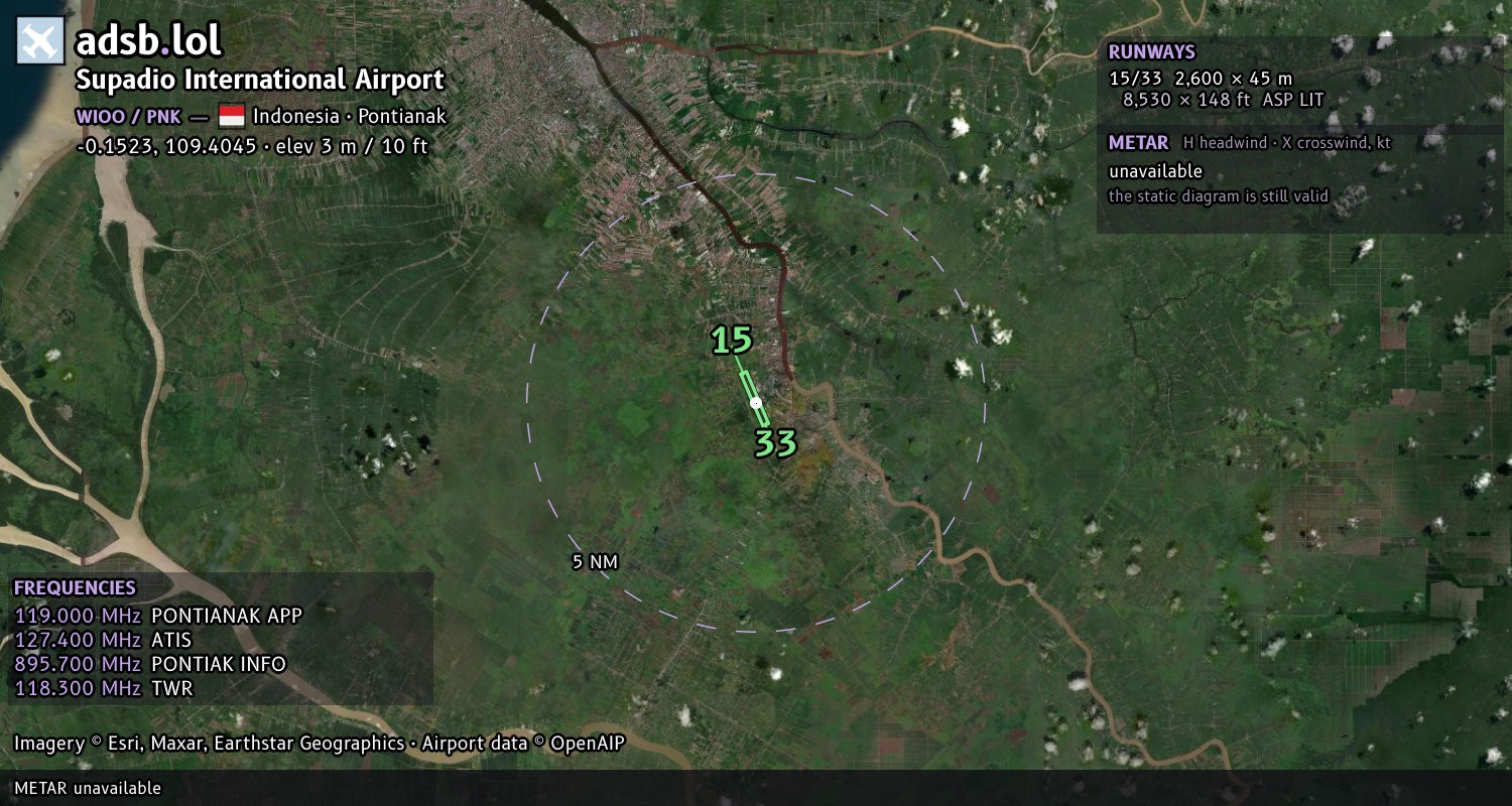 Satellite map with the runway layout of Supadio International Airport (WIOO)