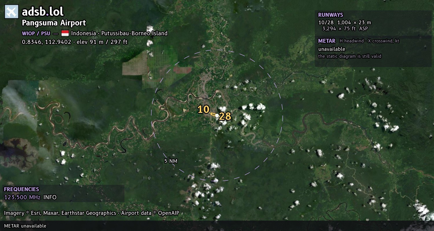 Satellite map with the runway layout of Pangsuma Airport (WIOP)