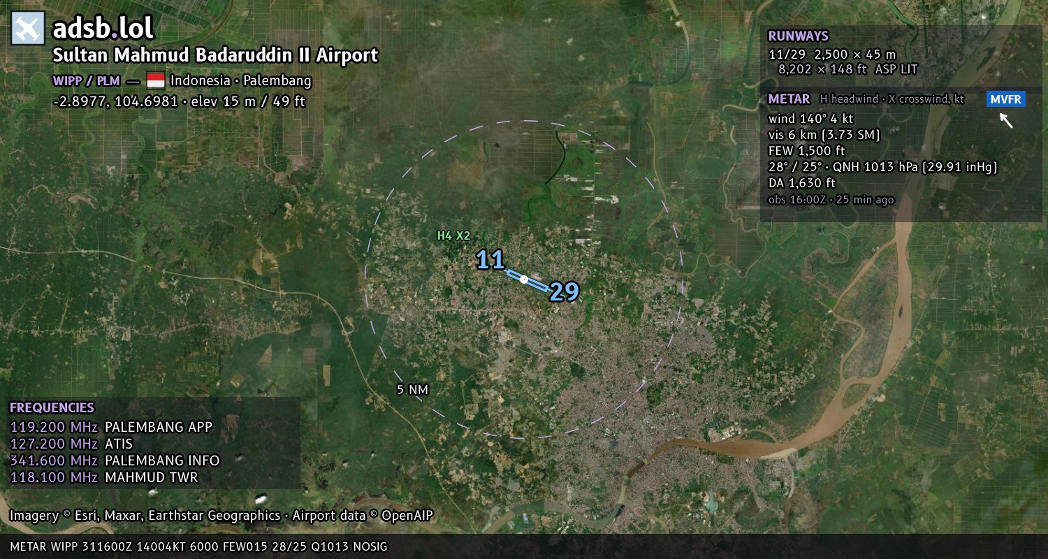 Satellite map with the runway layout of Sultan Mahmud Badaruddin II Airport (WIPP)