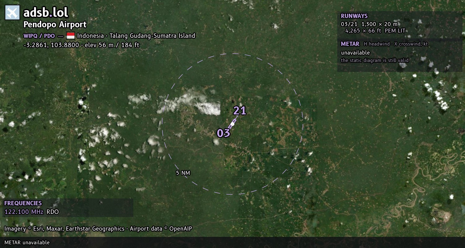 Satellite map with the runway layout of Pendopo Airport (WIPQ)