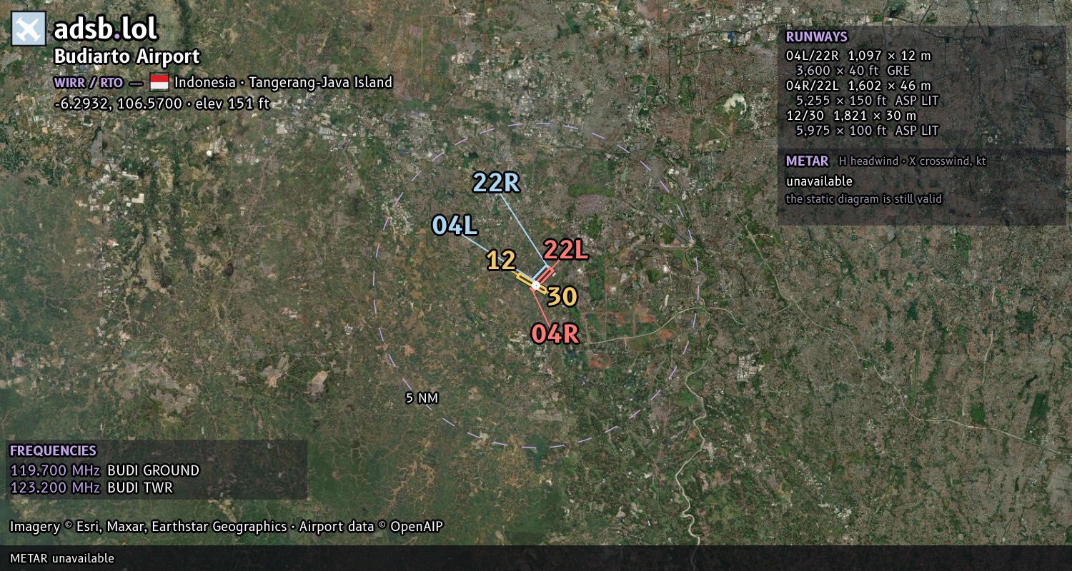 Satellite map with the runway layout of Budiarto Airport (WIRR)