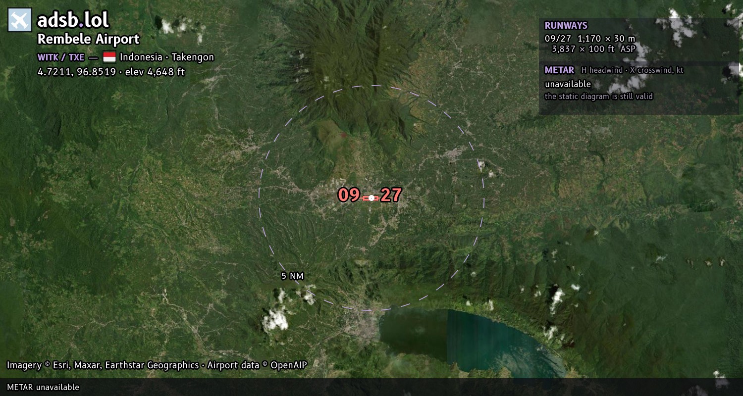 Satellite map with the runway layout of Rembele Airport (WITK)