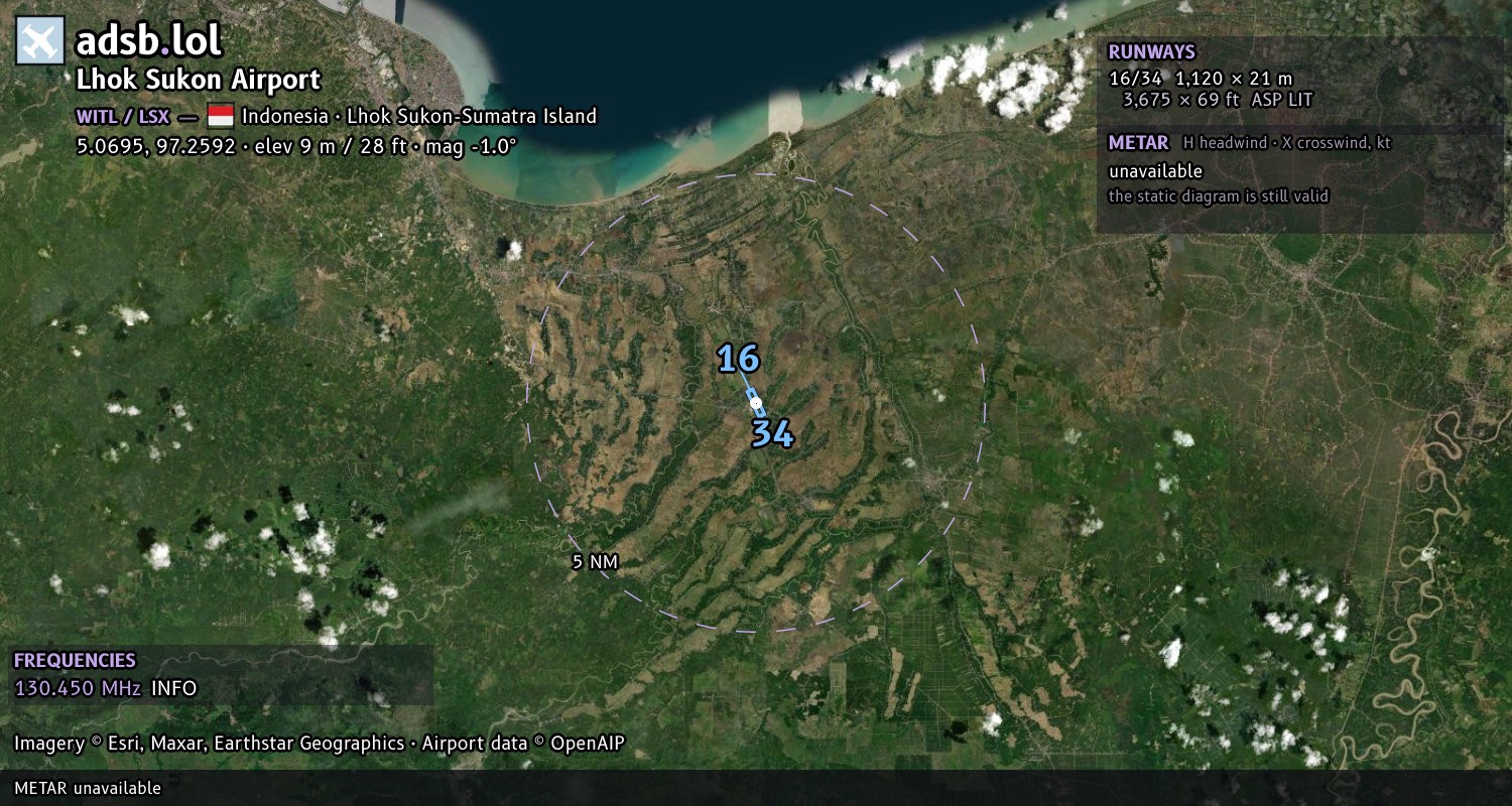 Satellite map with the runway layout of Lhok Sukon Airport (WITL)