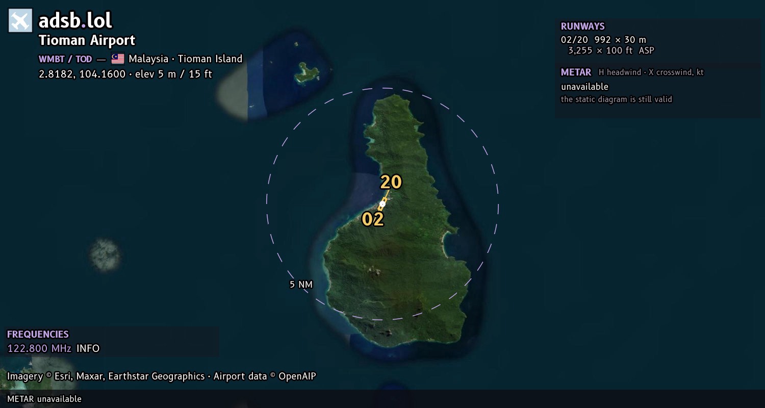Satellite map with the runway layout of Tioman Airport (WMBT)