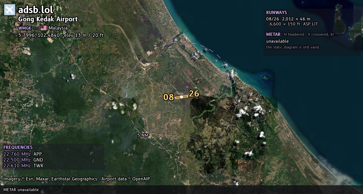 Satellite map with the runway layout of Gong Kedak Airport (WMGK)