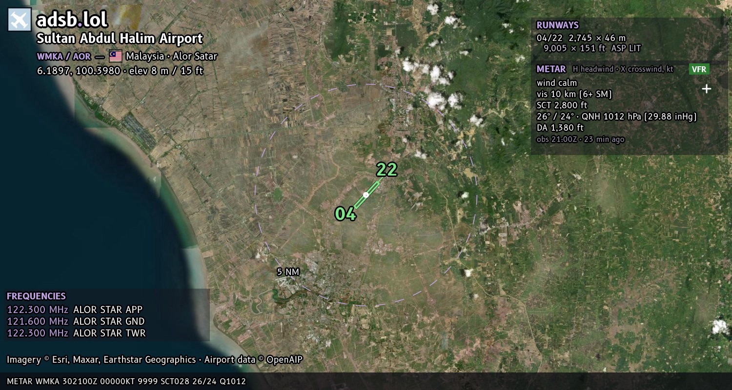Satellite map with the runway layout of Sultan Abdul Halim Airport (WMKA)