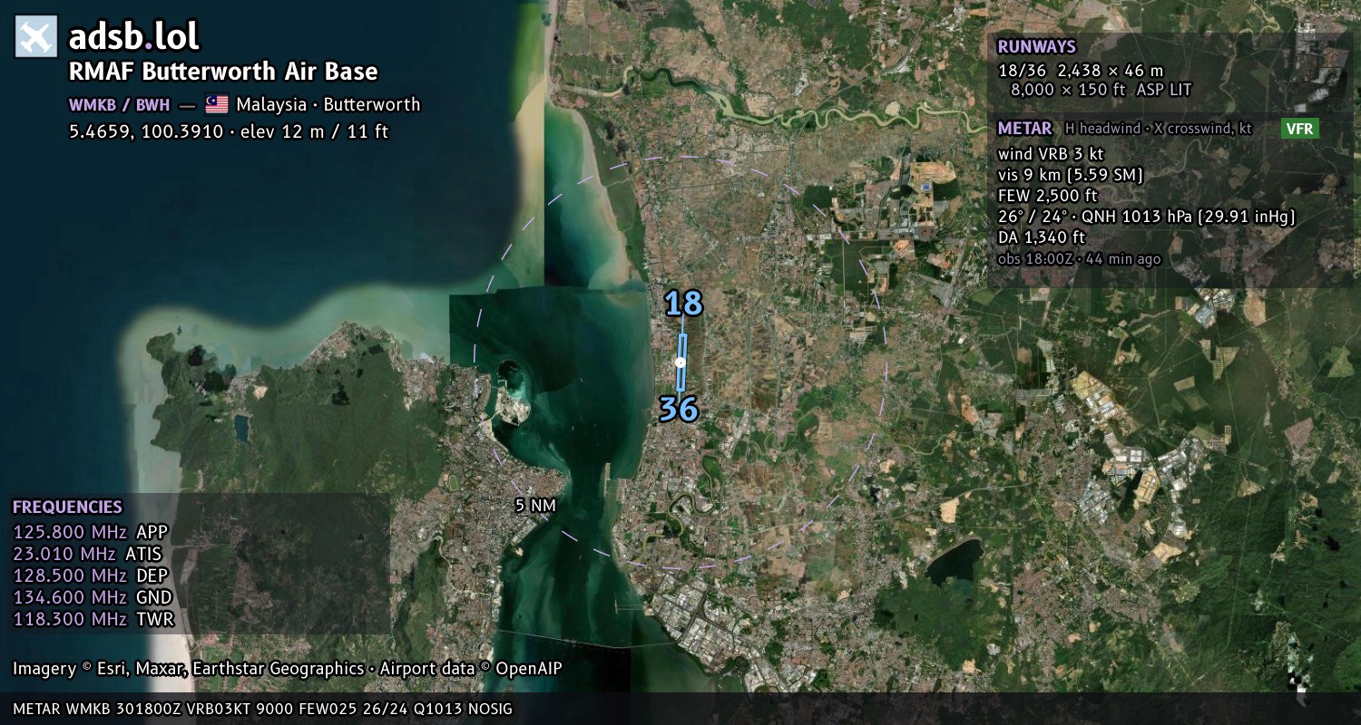 Satellite map with the runway layout of RMAF Butterworth Air Base (WMKB)