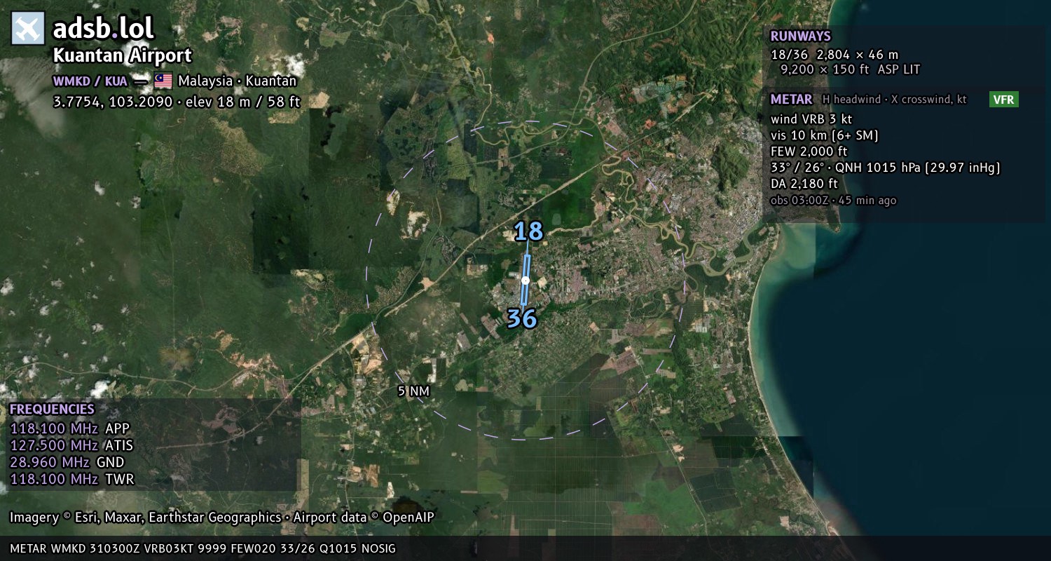 Satellite map with the runway layout of Kuantan Airport (WMKD)
