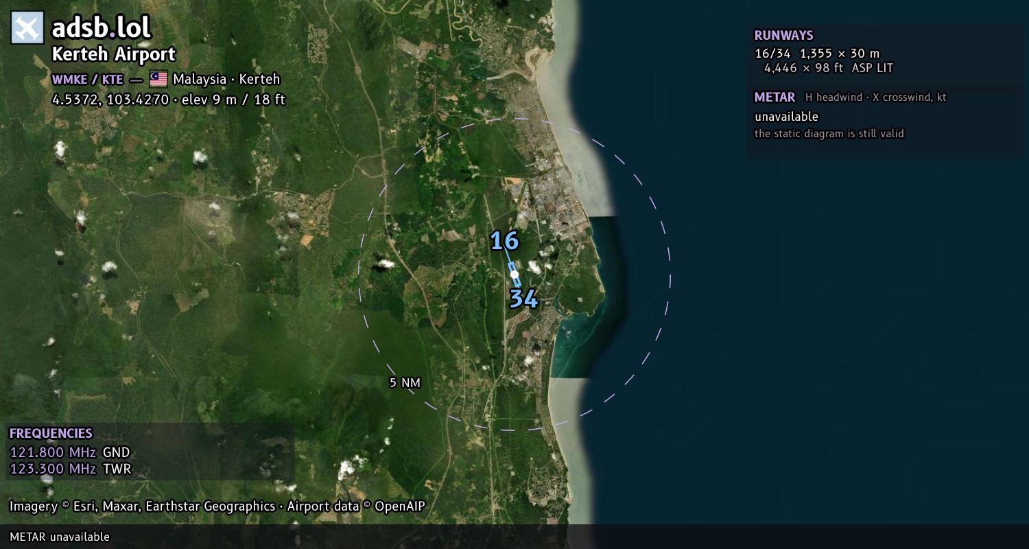 Satellite map with the runway layout of Kerteh Airport (WMKE)