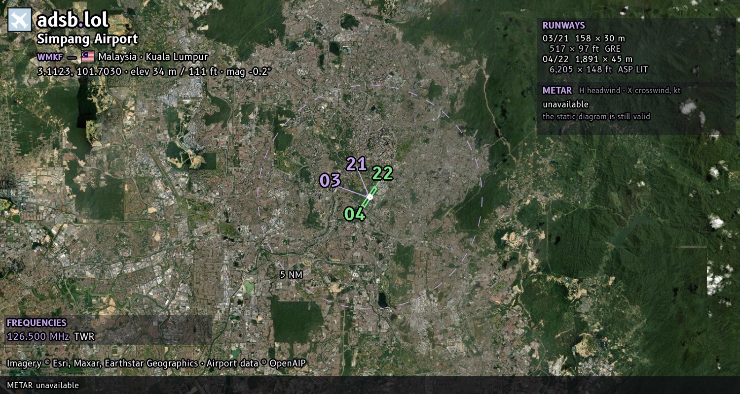 Satellite map with the runway layout of Simpang Airport (WMKF)