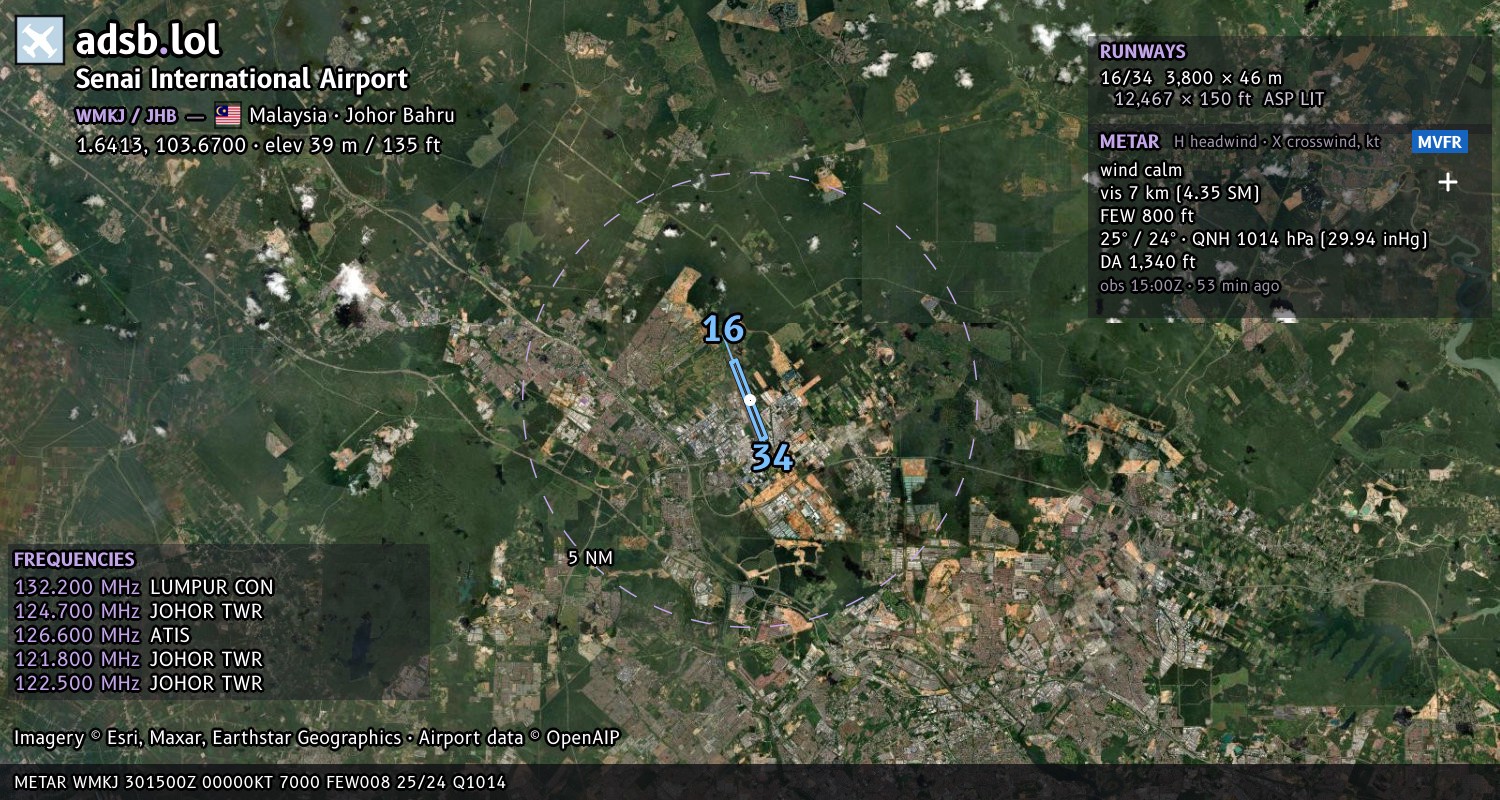 Satellite map with the runway layout of Senai International Airport (WMKJ)