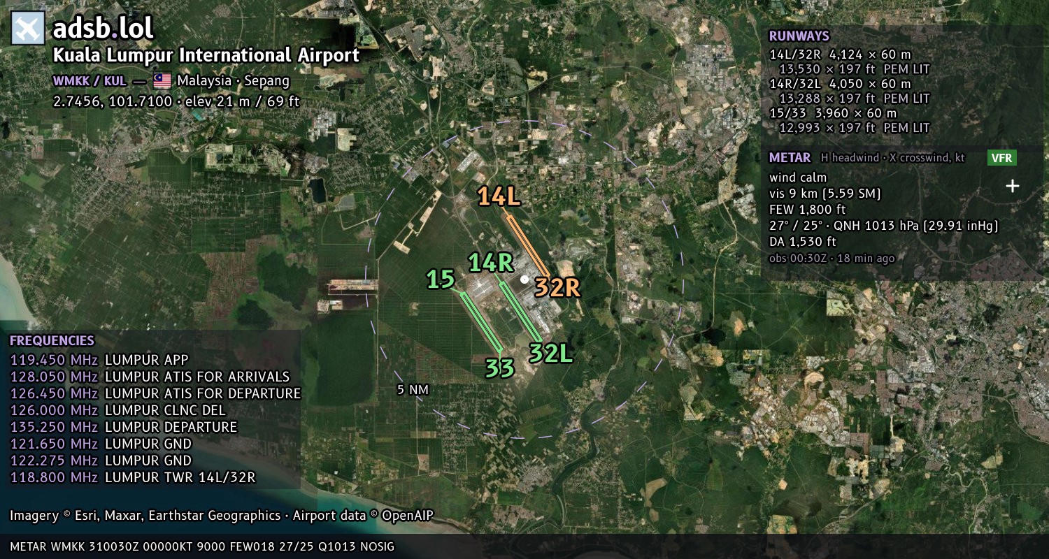 Satellite map with the runway layout of Kuala Lumpur International Airport (WMKK)