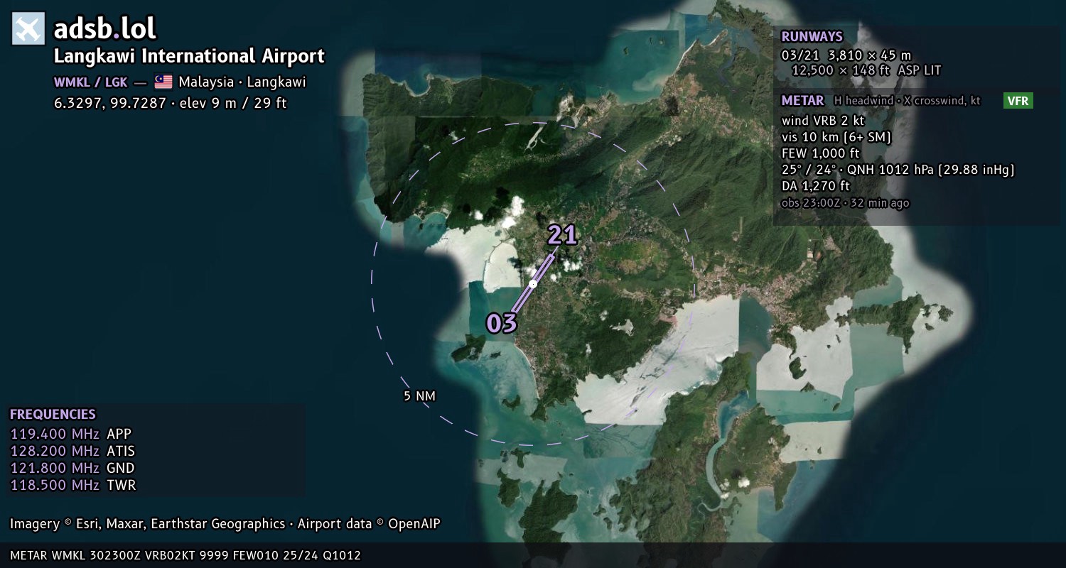 Satellite map with the runway layout of Langkawi International Airport (WMKL)