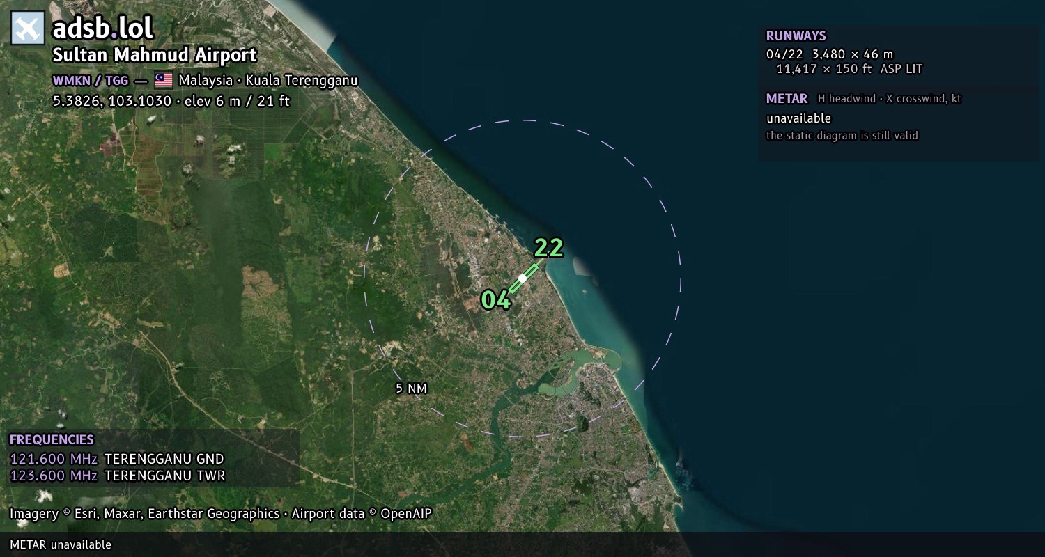 Satellite map with the runway layout of Sultan Mahmud Airport (WMKN)