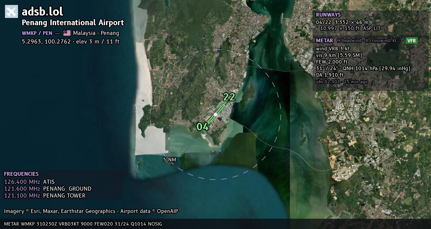 Satellite map with the runway layout of Penang International Airport (WMKP)