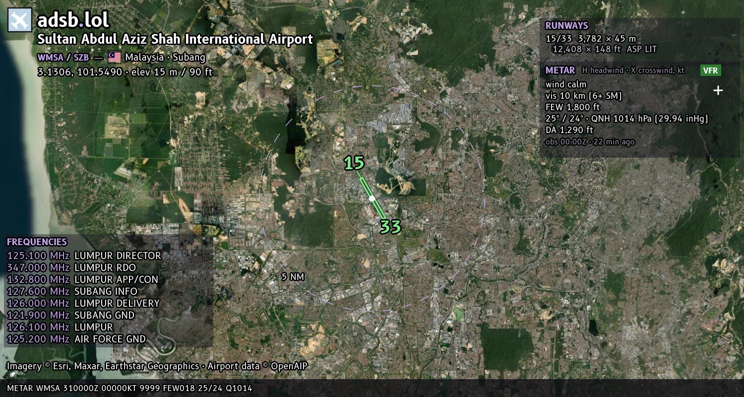 Satellite map with the runway layout of Sultan Abdul Aziz Shah International Airport (WMSA)