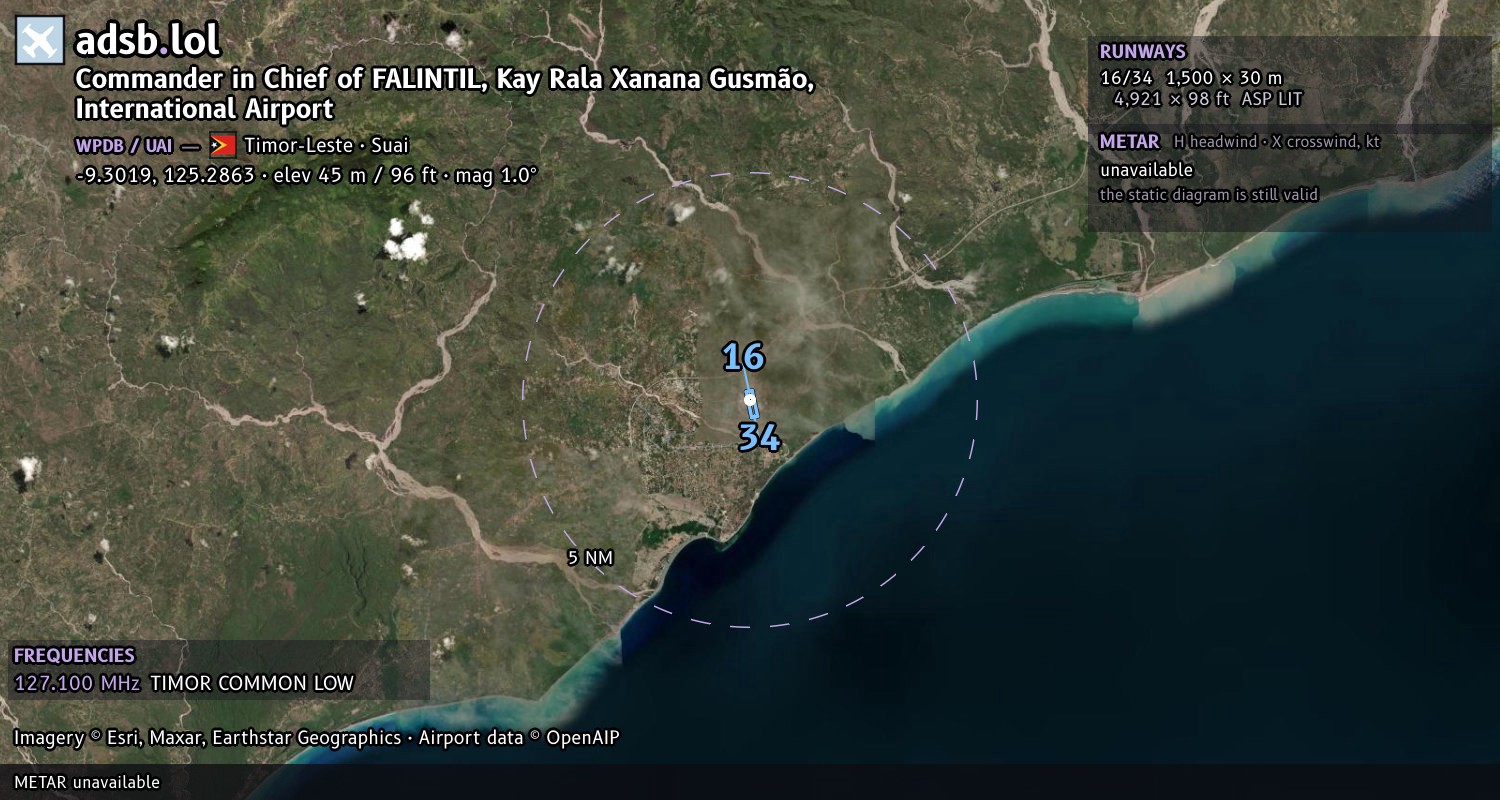Satellite map with the runway layout of Commander in Chief of FALINTIL, Kay Rala Xanana Gusmão, International Airport (WPDB)