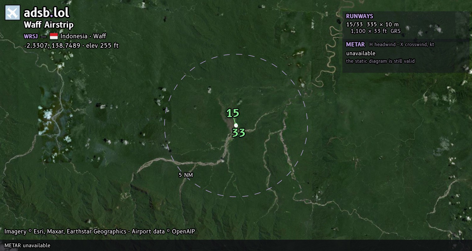 Satellite map with the runway layout of Waff Airstrip (WRSJ)