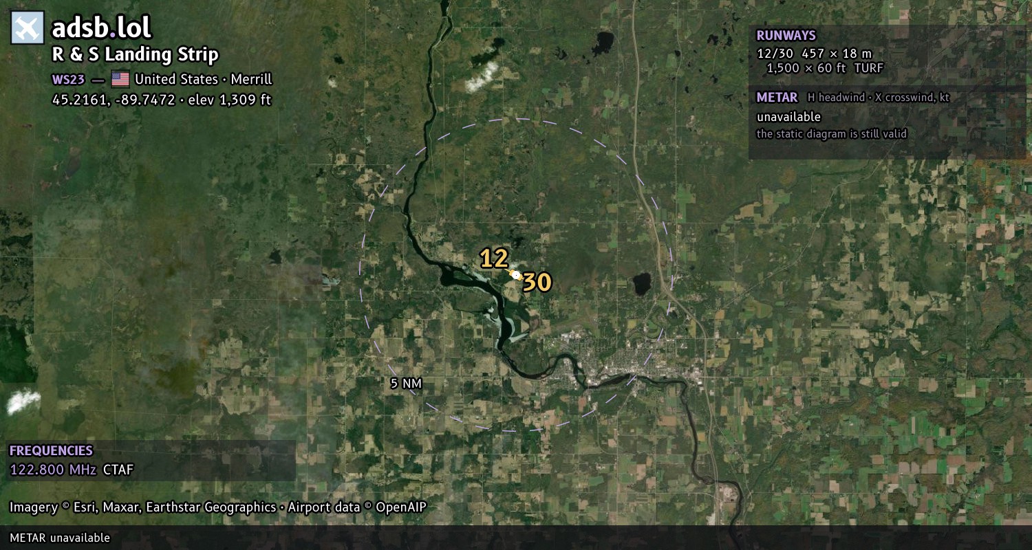 Satellite map with the runway layout of R & S Landing Strip (WS23)