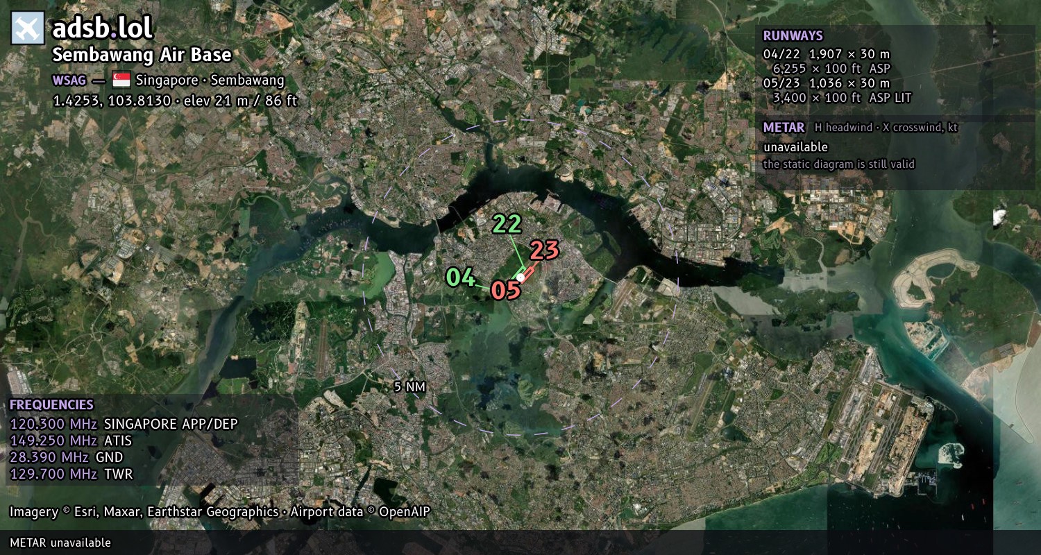 Satellite map with the runway layout of Sembawang Air Base (WSAG)