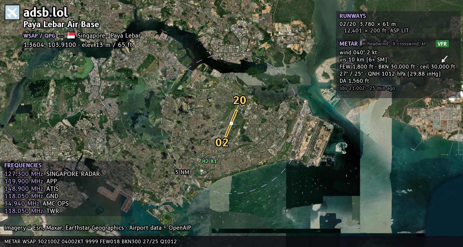 Satellite map with the runway layout of Paya Lebar Air Base (WSAP)