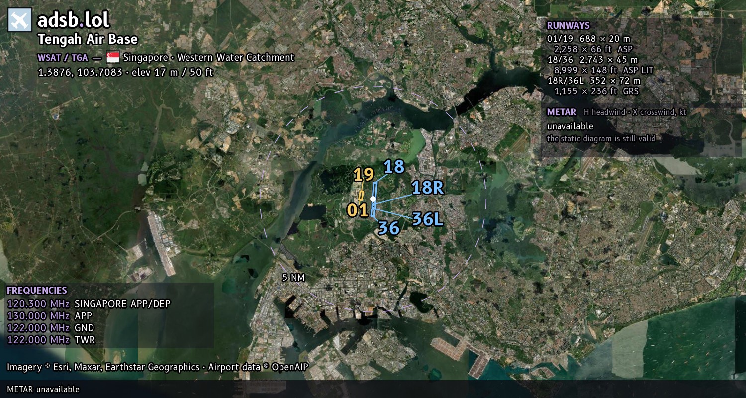 Satellite map with the runway layout of Tengah Air Base (WSAT)