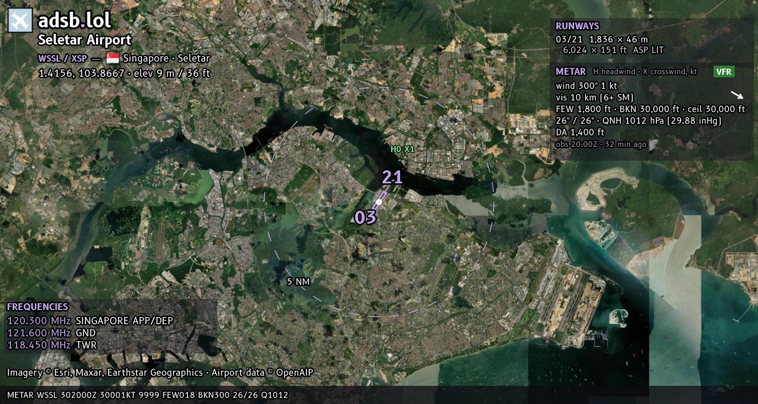 Satellite map with the runway layout of Seletar Airport (WSSL)