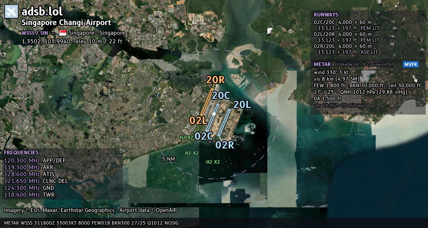 Satellite map with the runway layout of Singapore Changi Airport (WSSS)