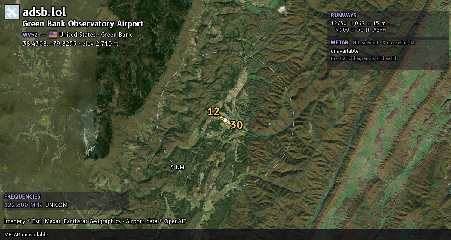 Satellite map with the runway layout of Green Bank Observatory Airport (WV52)