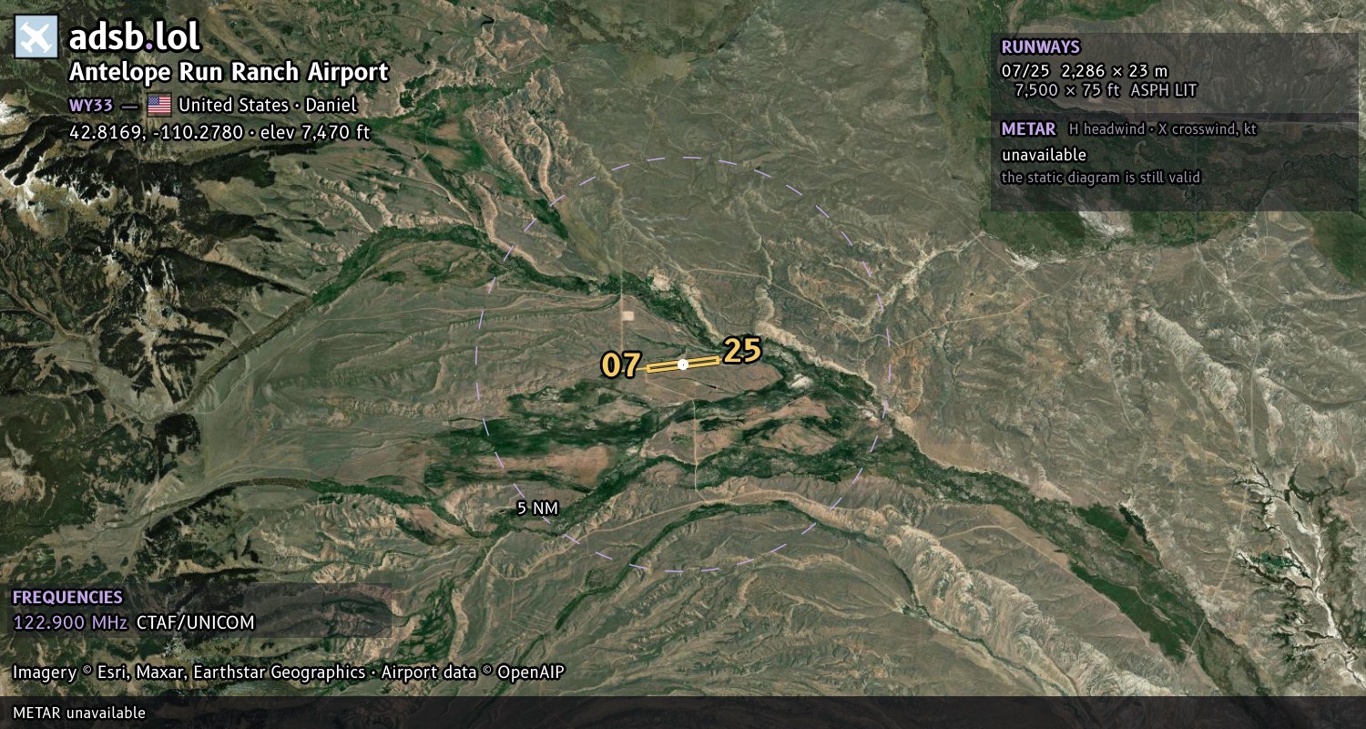 Satellite map with the runway layout of Antelope Run Ranch Airport (WY33)