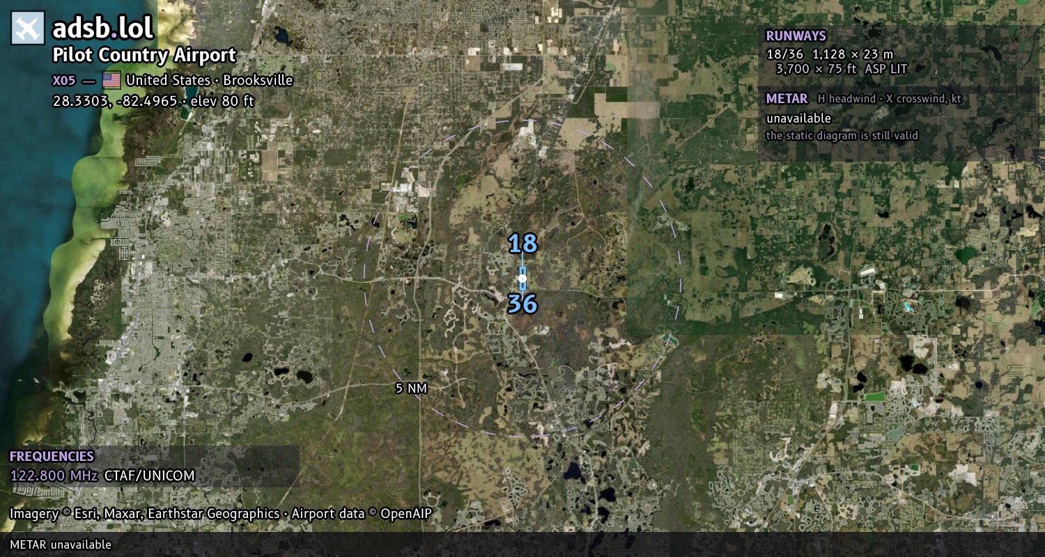 Satellite map with the runway layout of Pilot Country Airport (X05)